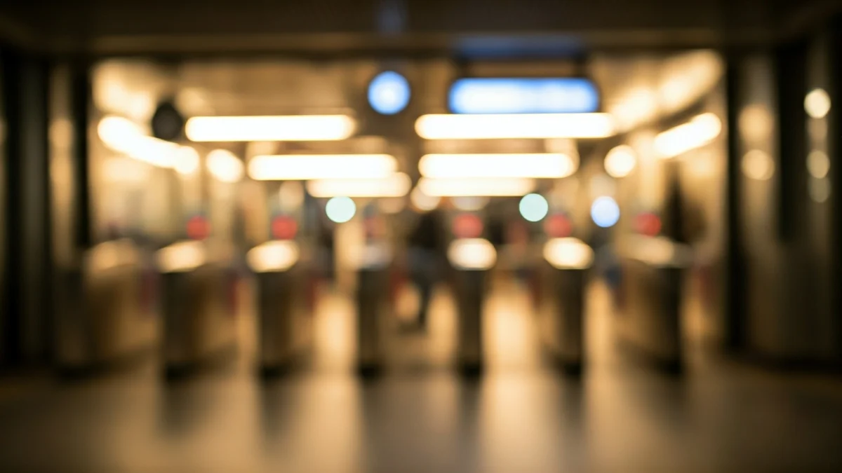 Generic image of a subway entrance with turnstiles and security cameras