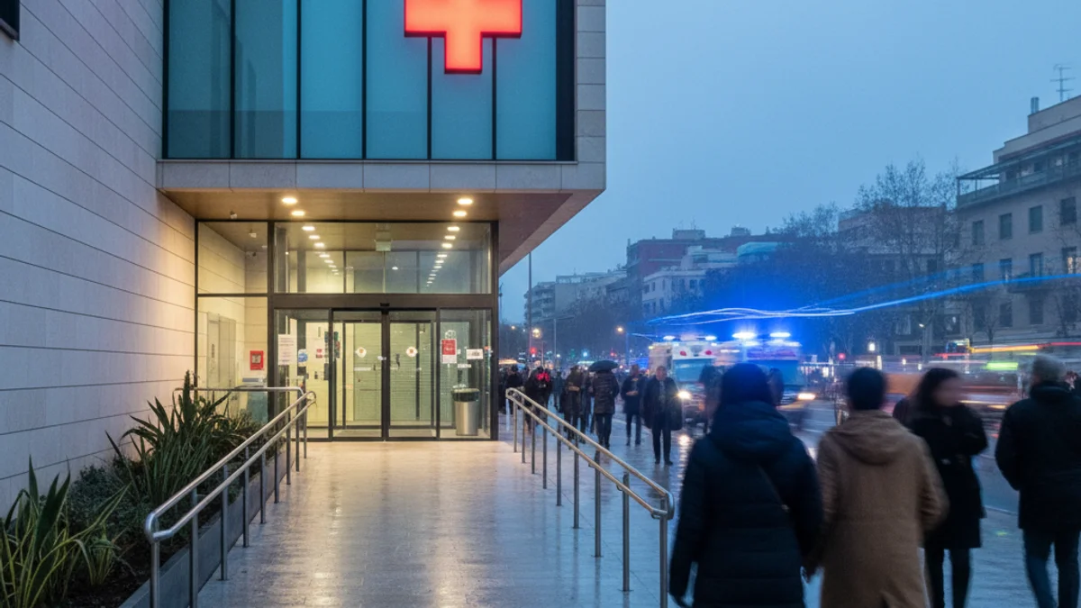 Imatge genèrica de l'exterior d'un centre d'atenció primària amb llums d'emergència al fons.