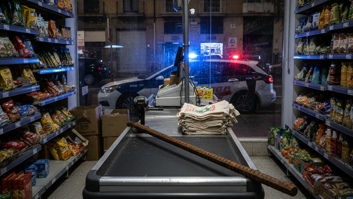 Imatge genèrica de l'interior d'un comerç d'alimentació amb llums policials reflectides als vidres.
