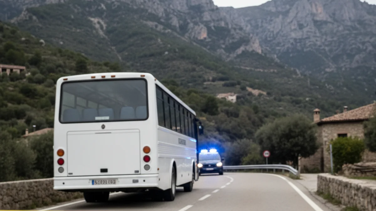 Imatge genèrica d'un autobús escolar aturat en una carretera de muntanya amb llums policials al fons.