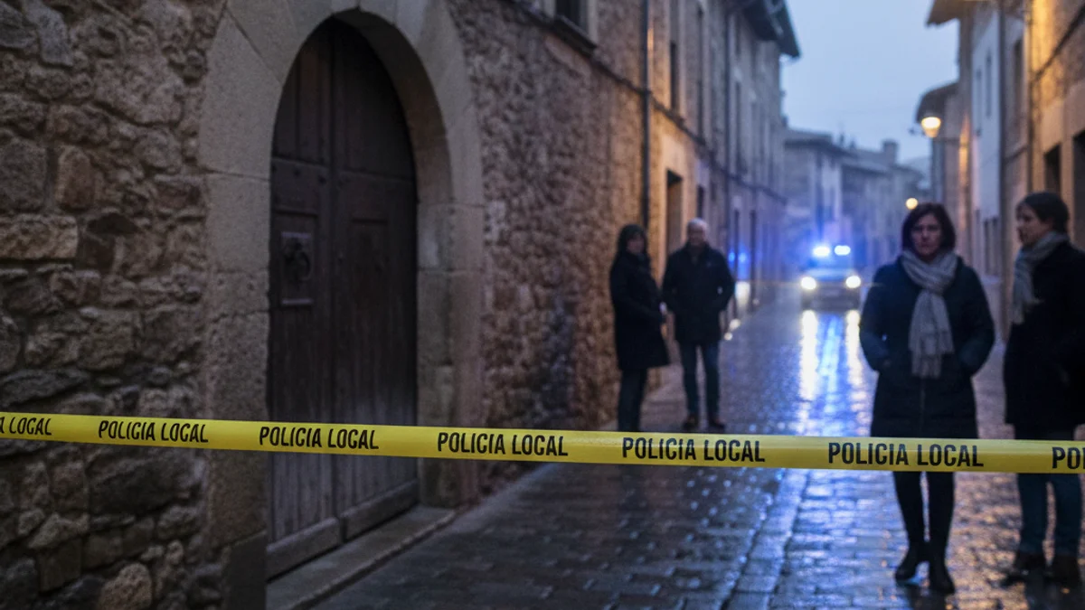 Imagen genérica de una calle de un casco histórico con luces policiales azules al fondo.