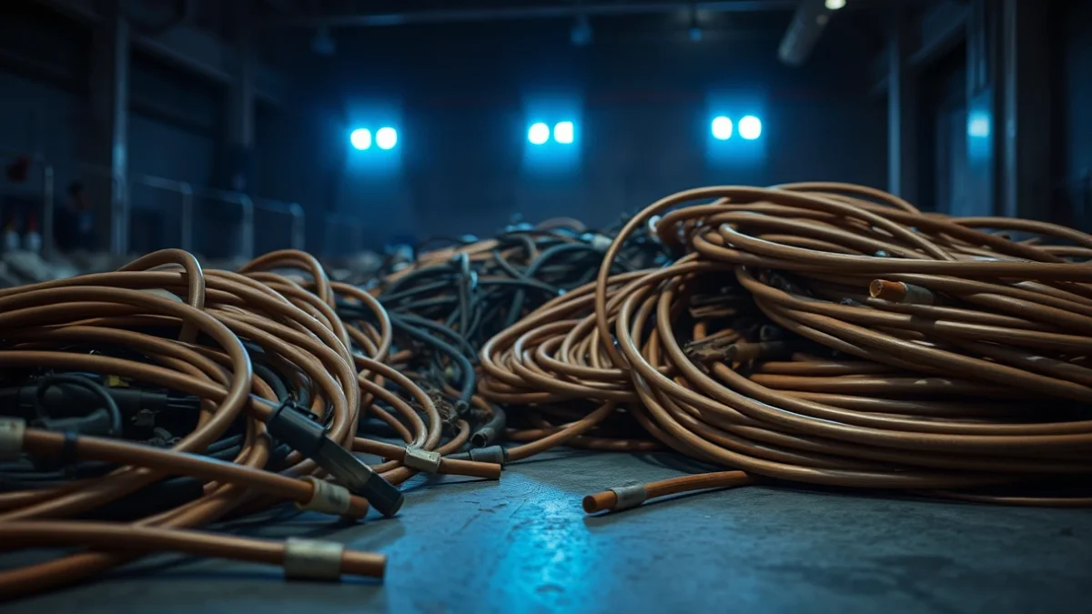 Imatge genèrica de material de coure industrial recuperat sota llums policials.