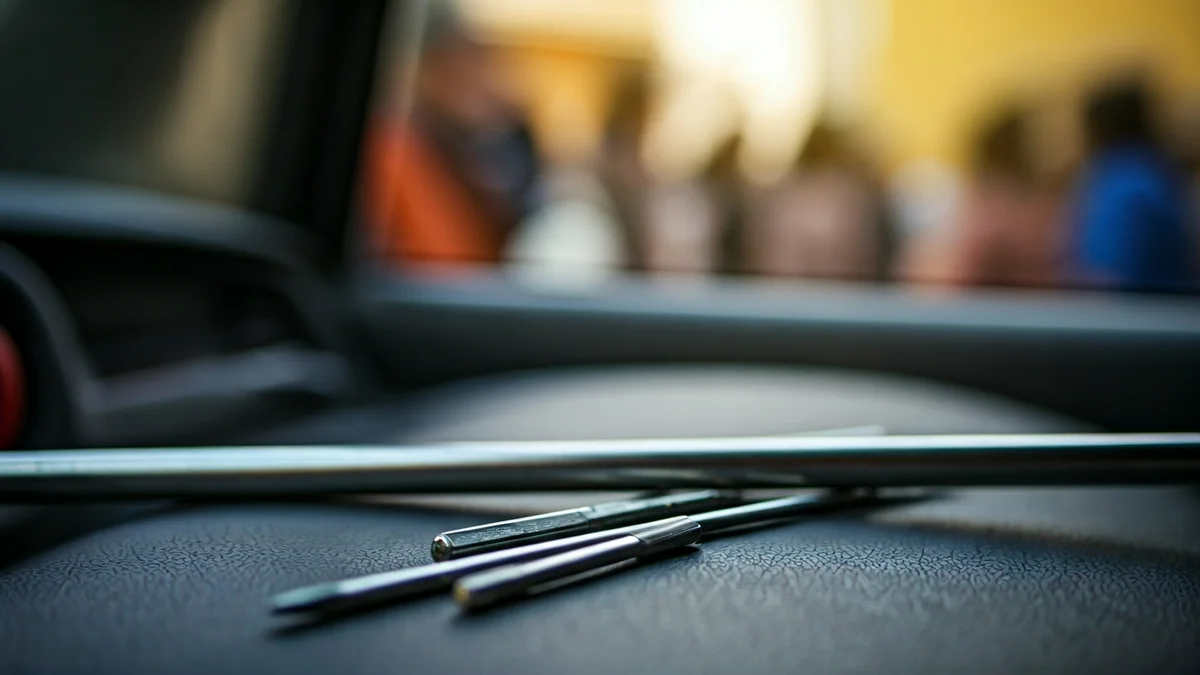 Generic image of tools used to force vehicles, such as a metal rod and screwdrivers, on a car seat.
