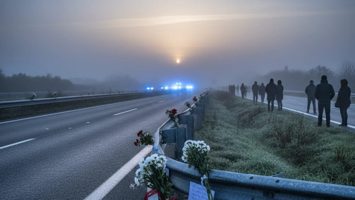 Imatge genèrica d'una autopista de matinada amb llums d'emergència difuminats al fons.