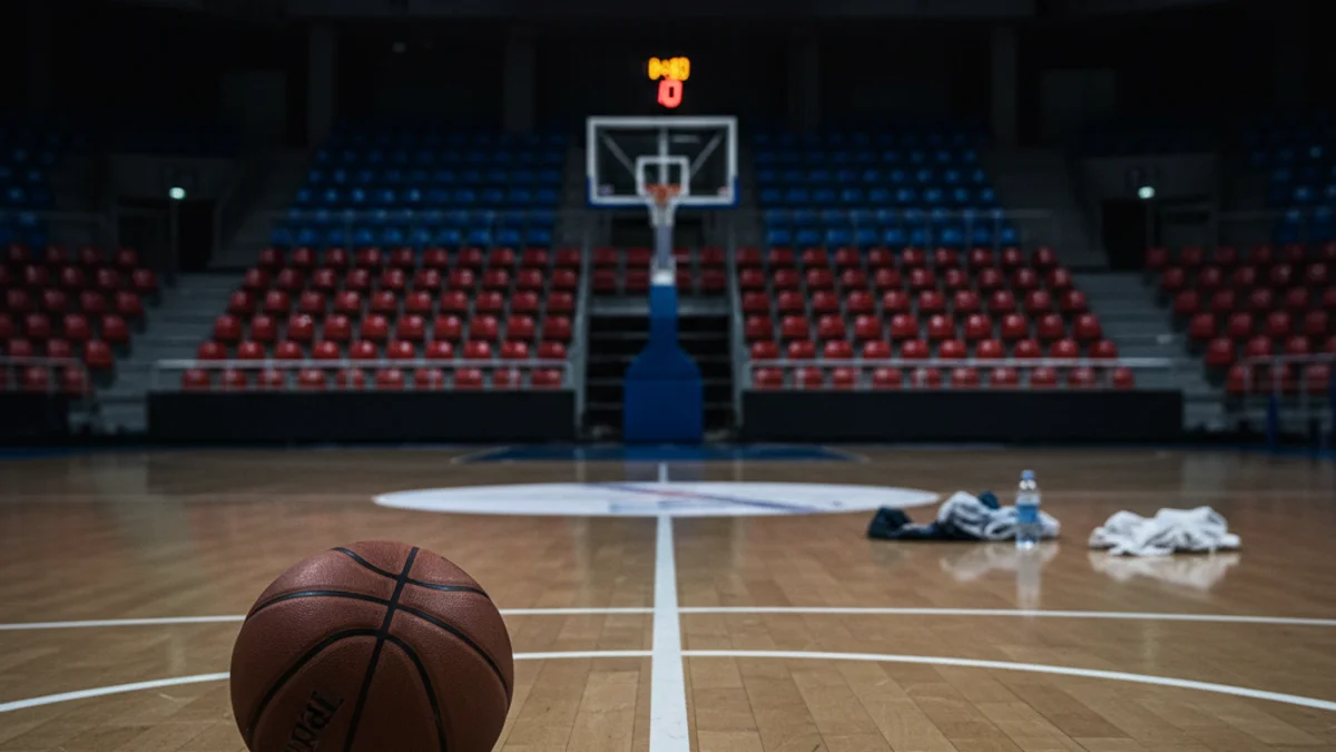 Generic image of a basketball on the court of an empty arena after a game.