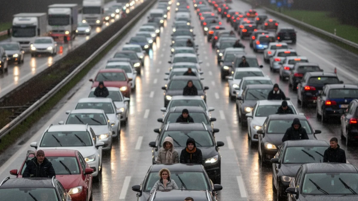 Imatge genèrica de retencions de trànsit en una autovia amb llums d'emergència al fons.