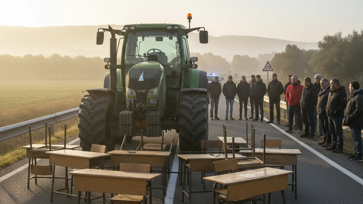 Imagen genérica de un tractor y mesas escolares bloqueando el paso en una carretera durante una protesta.