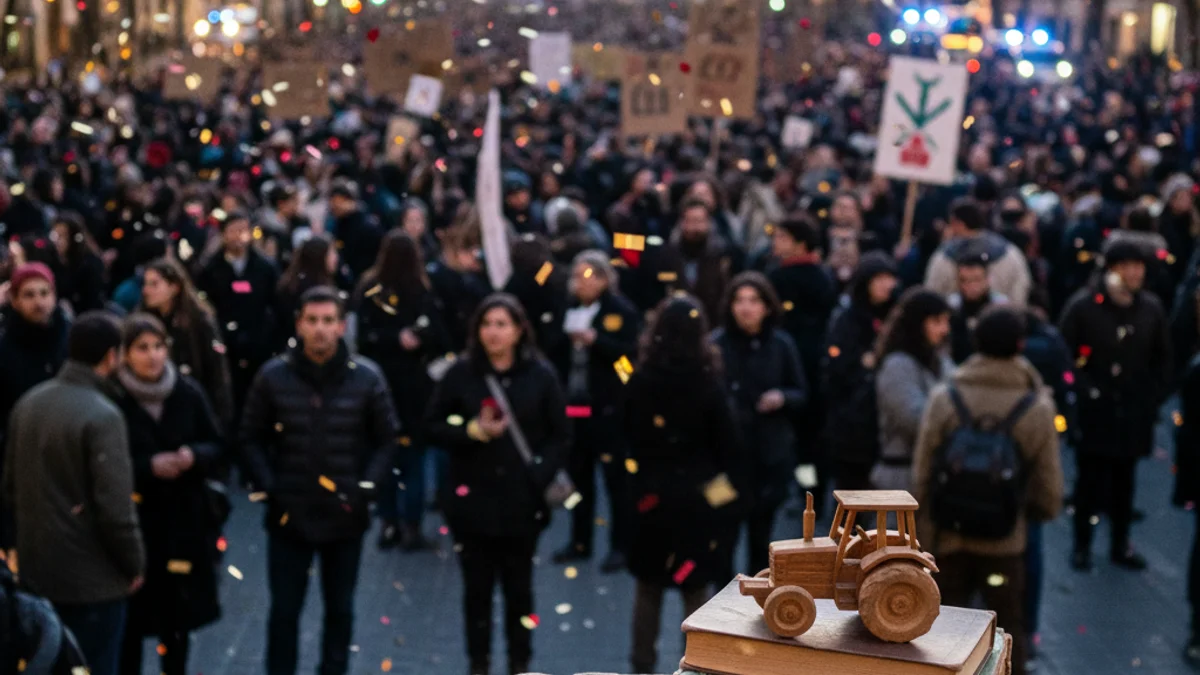 Imatge genèrica d'una concentració ciutadana en una plaça urbana amb elements simbòlics de l'educació i l'agricultura.