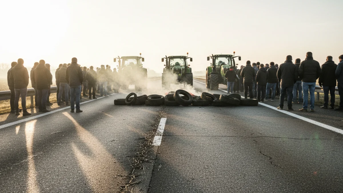 Imatge genèrica d'una protesta amb tractors i pneumàtics tallant una carretera durant el matí.