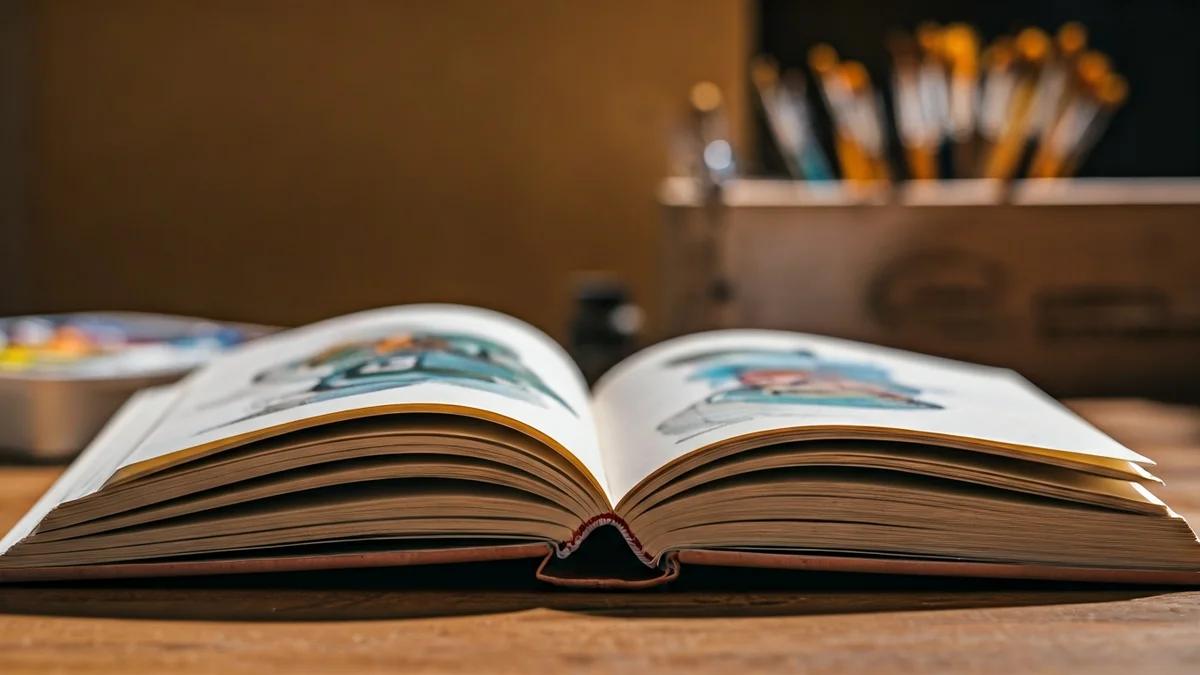 Imatge genèrica d'un llibre obert amb il·lustracions abstractes i eines de pintura al fons