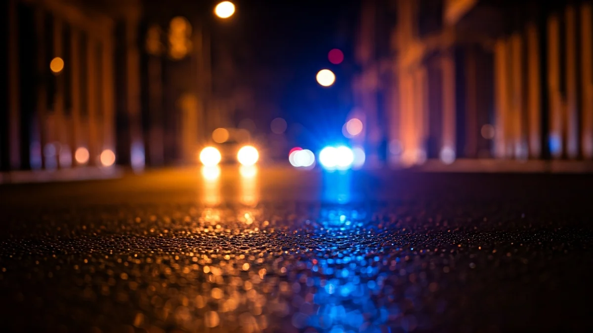 Imagen genérica de luces de emergencia reflejándose sobre el asfalto mojado en una calle urbana