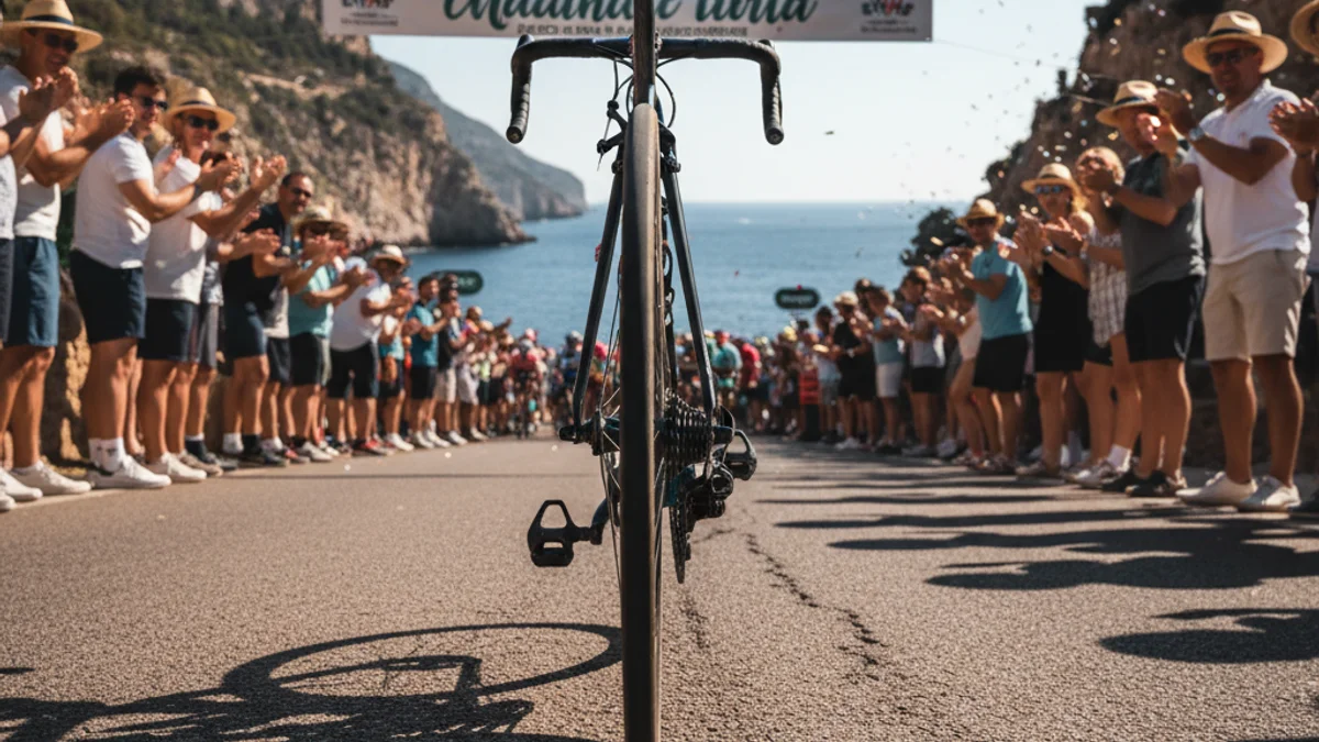 Imagen genérica de una bicicleta de carretera cruzando una línea de meta en una competición ciclista.