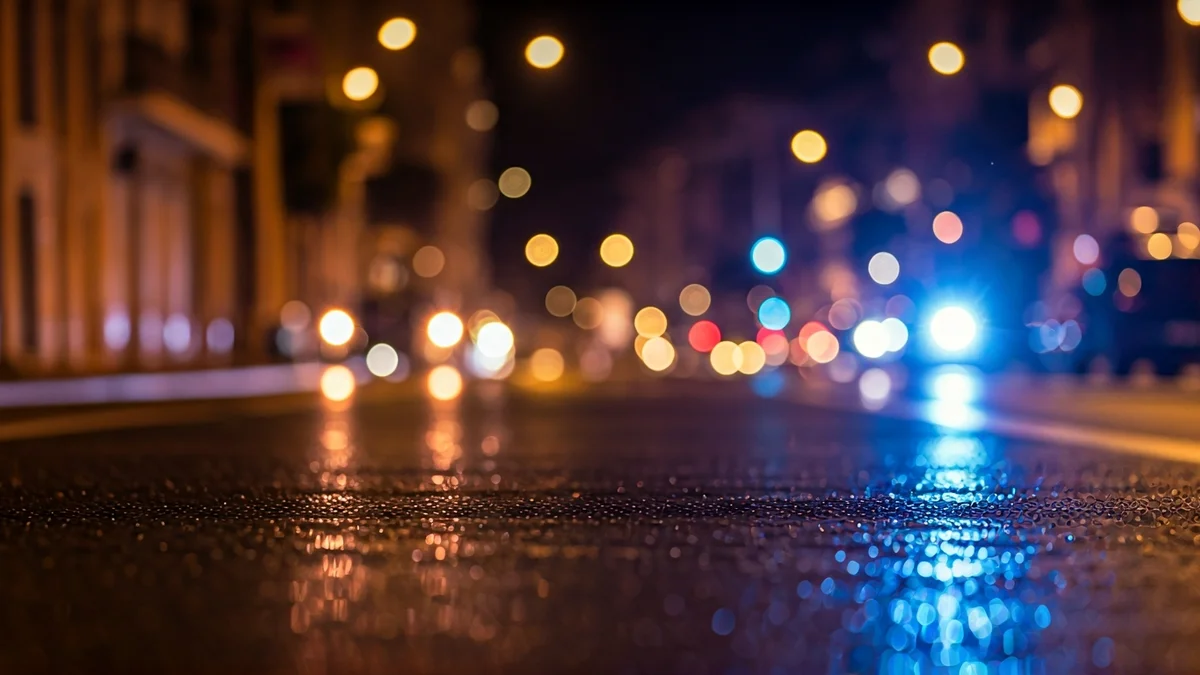 Generic image of emergency lights reflecting on wet asphalt on a city street