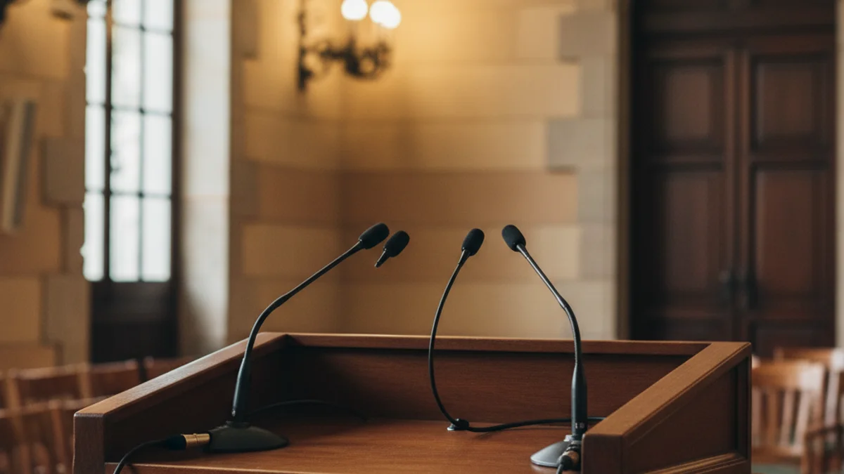 Imatge genèrica d'uns micròfons en un podi durant una roda de premsa institucional.