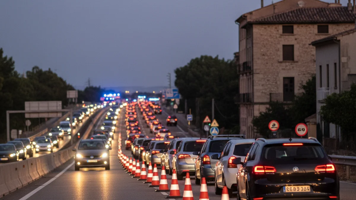 Imatge genèrica de les llums d'emergència i retencions en una autopista durant el capvespre.
