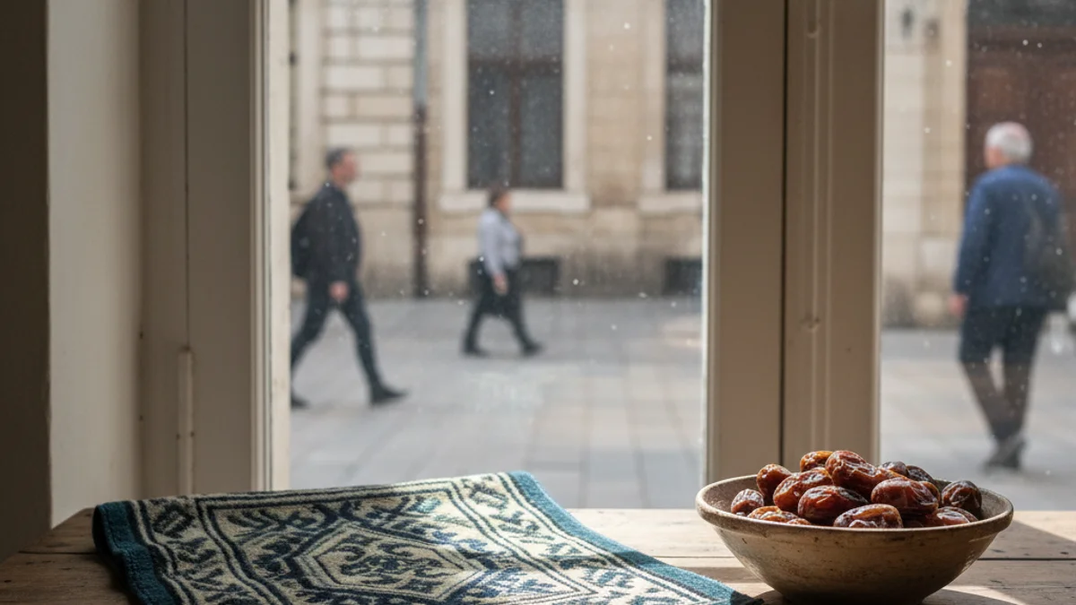 Imatge genèrica d'un espai de pregària amb una catifa i dàtils durant el Ramadà.