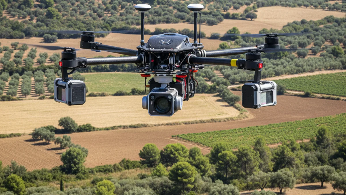 Imatge genèrica d'un dron d'alta tecnologia sobrevolant camps de cultiu per a la recerca agrícola.