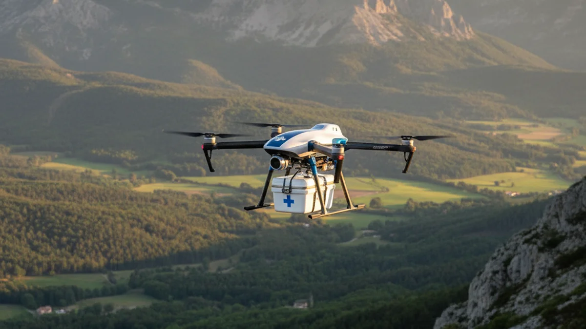 Imagen genérica de un dron de transporte sanitario sobrevolando una zona de montaña.