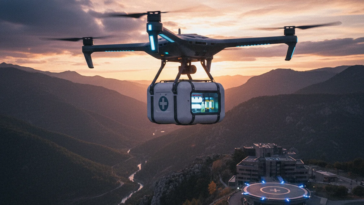 Imatge genèrica d'un dron de transport sanitari sobrevolant una zona de muntanya.
