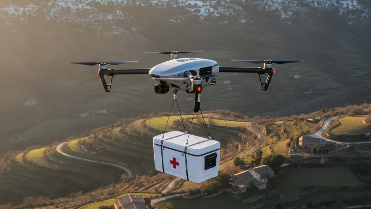 Generic image of a medical transport drone flying over a mountainous area.
