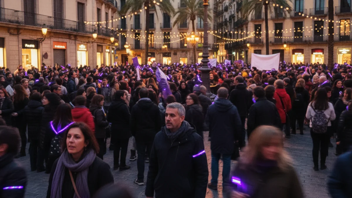 Generic image of a crowd in a demonstration through a city center for International Women's Day.