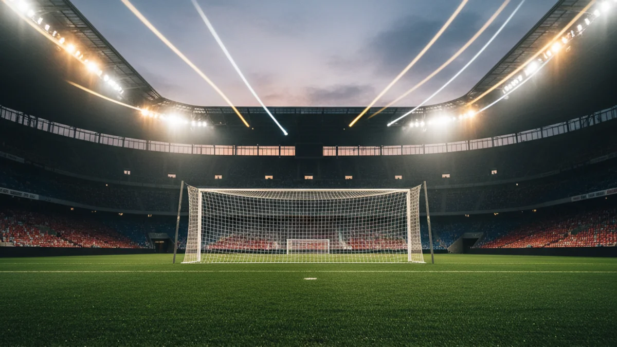 Imatge genèrica d'un camp de futbol buit amb les llums de l'estadi enceses.