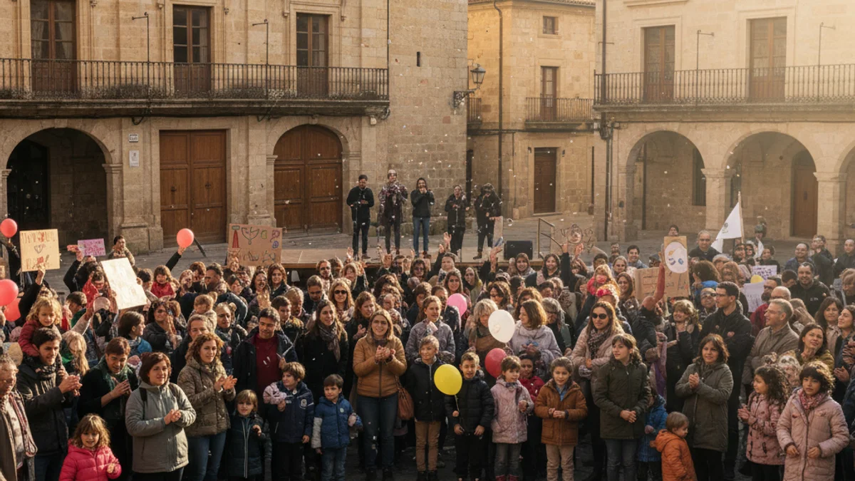 Generic image of a gathering of families and children in a public square advocating for the future of an educational center.