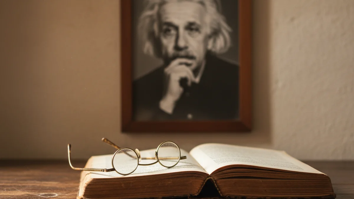 Imatge genèrica d'un llibre obert amb unes ulleres i un retrat d'Albert Einstein al fons.