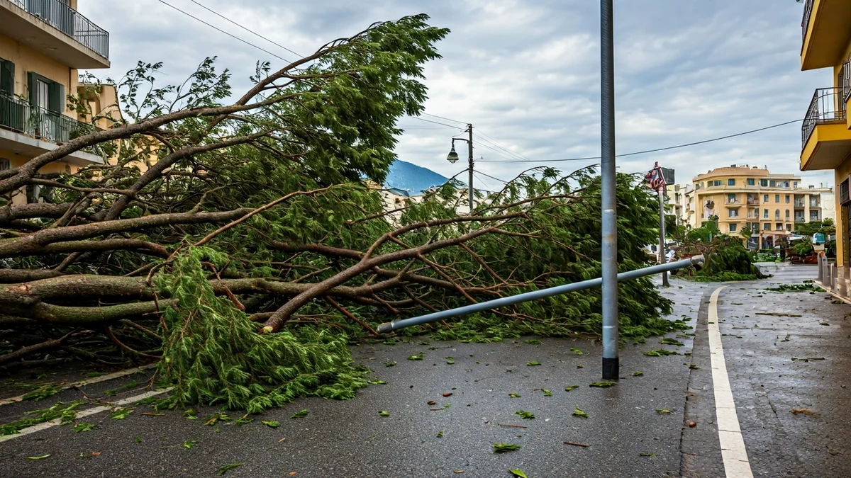 Imagen genérica de una escena urbana después de un temporal de viento, con ramas y escombros en el suelo.