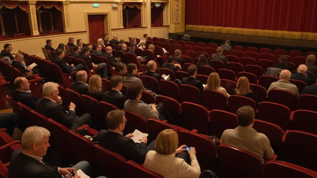 Generic image of a theater stalls with red seats and warm lighting.