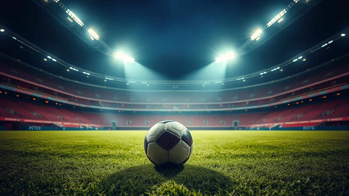 Imatge genèrica d'una pilota de futbol en un estadi il·luminat de nit.