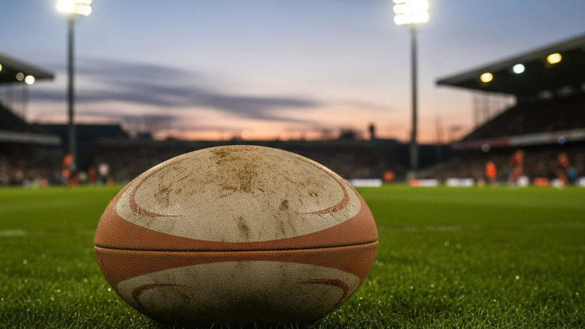 Imatge genèrica d'una pilota de rugbi sobre la gespa d'un camp d'esports.