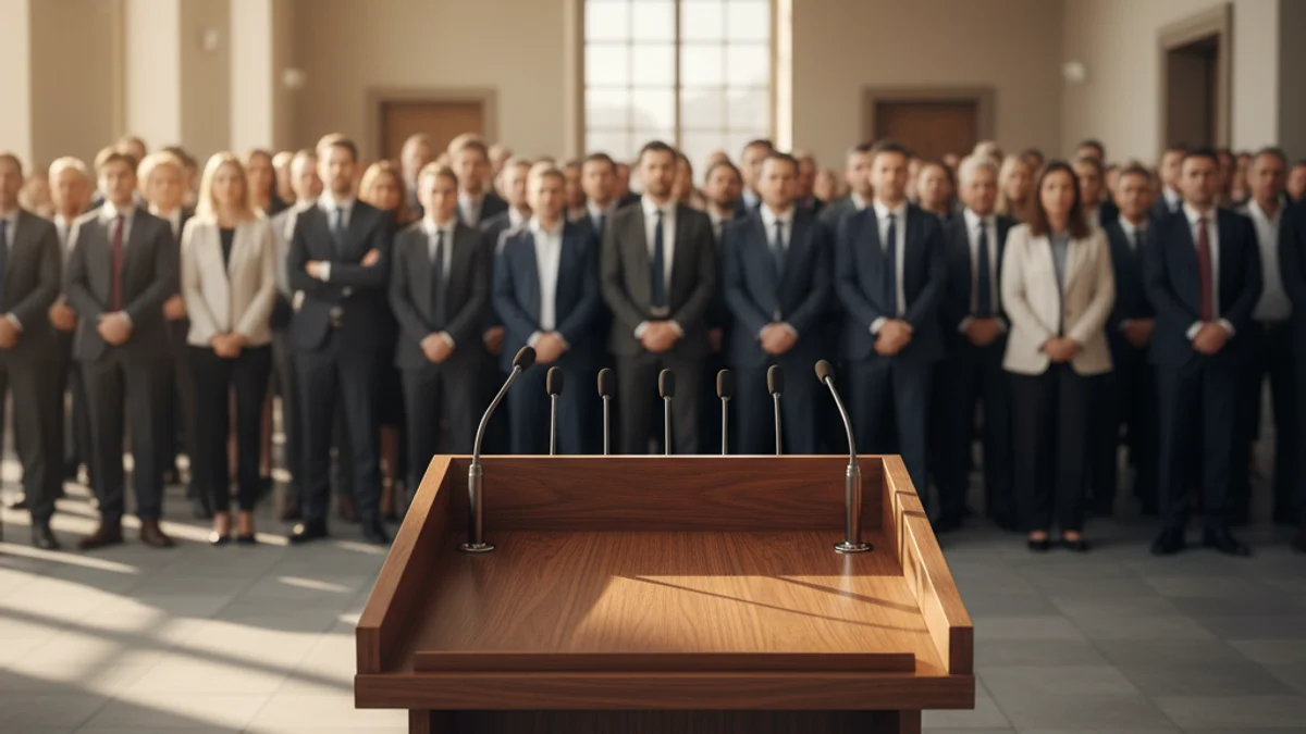 Imatge genèrica d'un acte institucional amb micròfons en un podi i públic de fons.