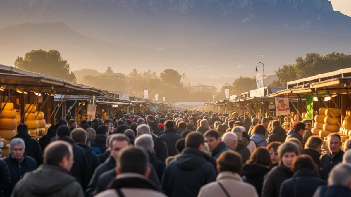 Imagen genérica de un mercado de productos de proximidad al aire libre con gente paseando entre puestos.
