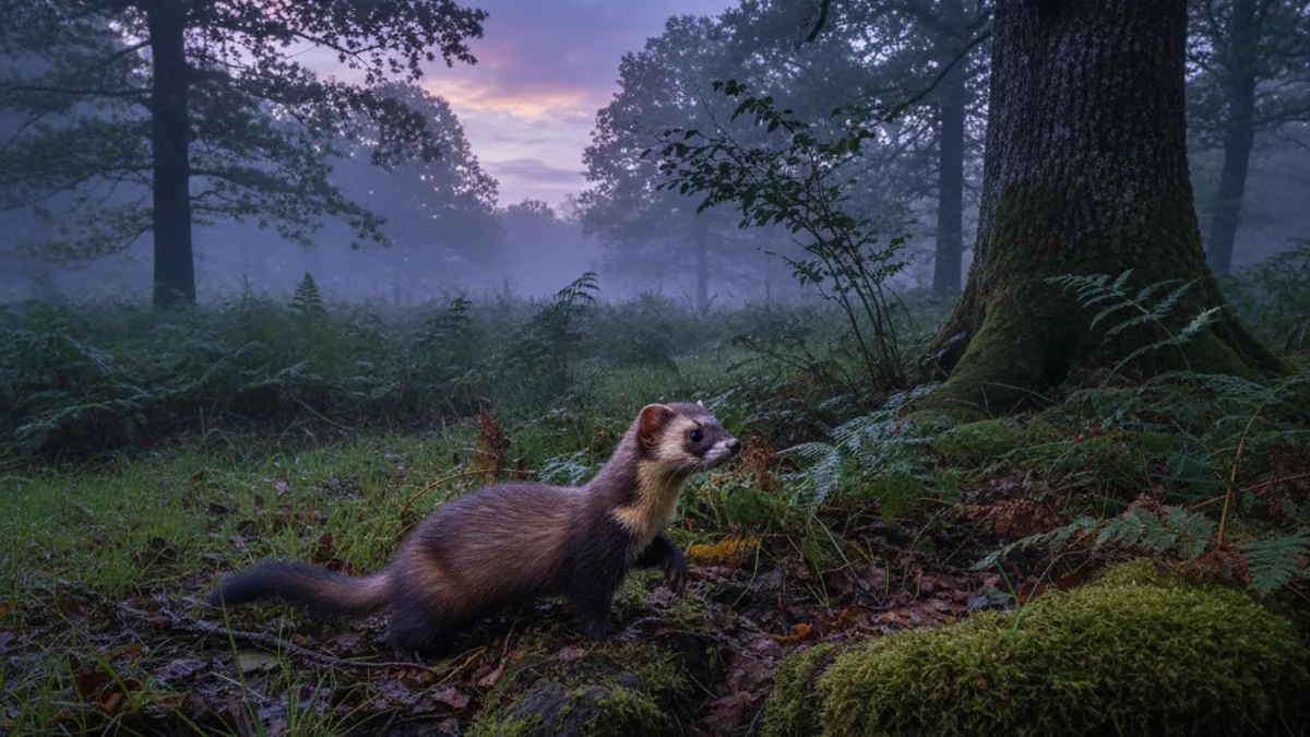 Generic image of a European polecat in its natural nocturnal habitat.
