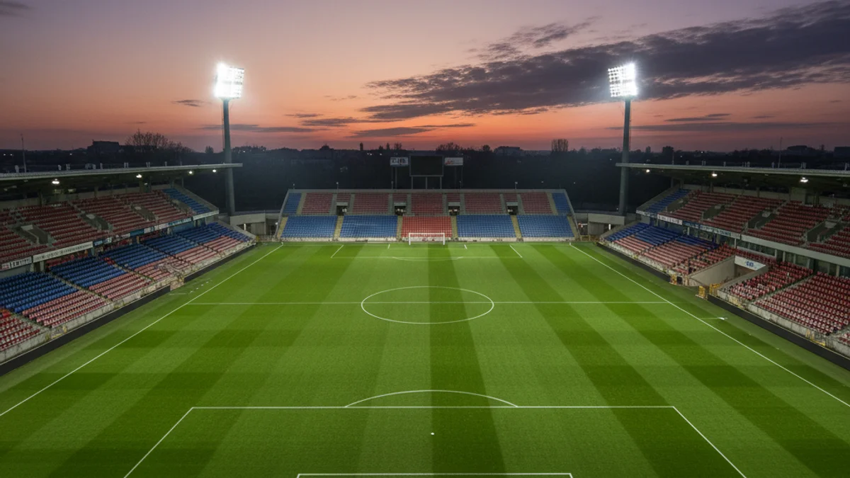 Generic image of an empty football field under stadium lights.