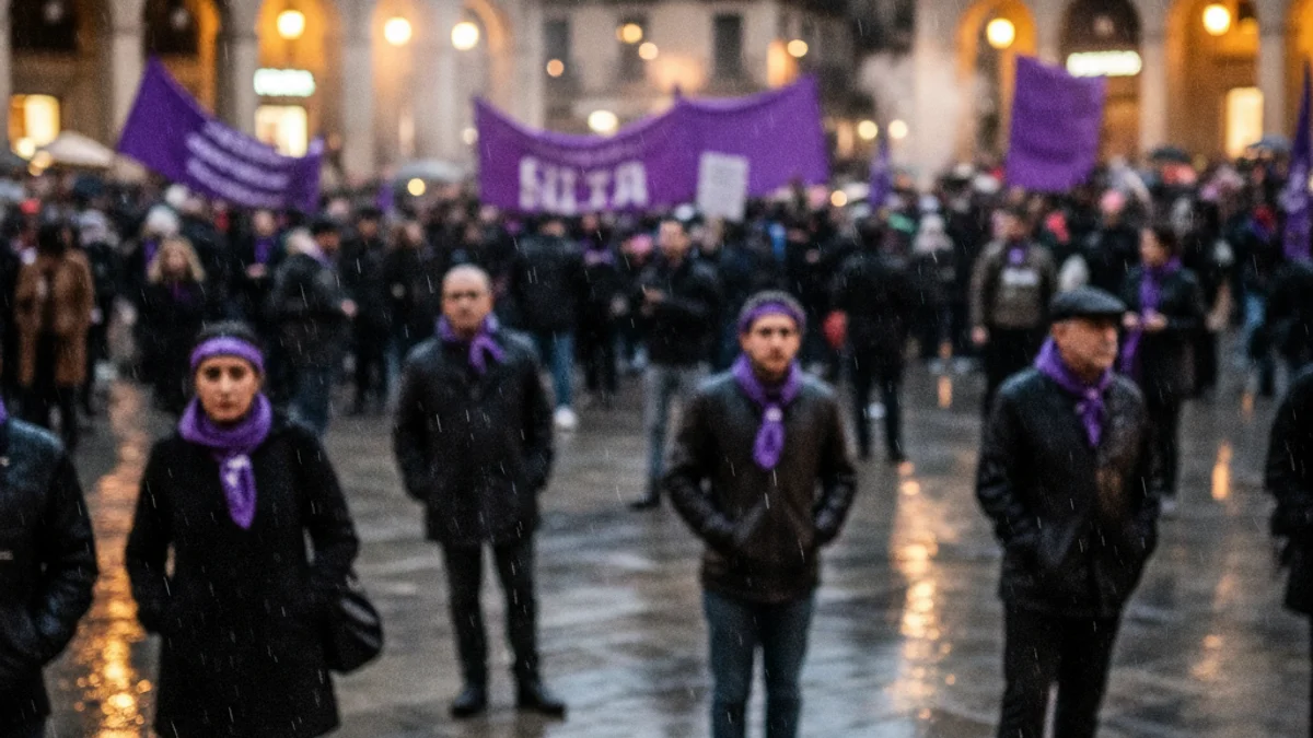 Imatge genèrica d'una concentració amb motiu del Dia de la Dona sota la pluja.