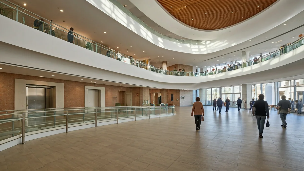 Imagen genérica de un espacio comunitario moderno y accesible con gente interactuando.