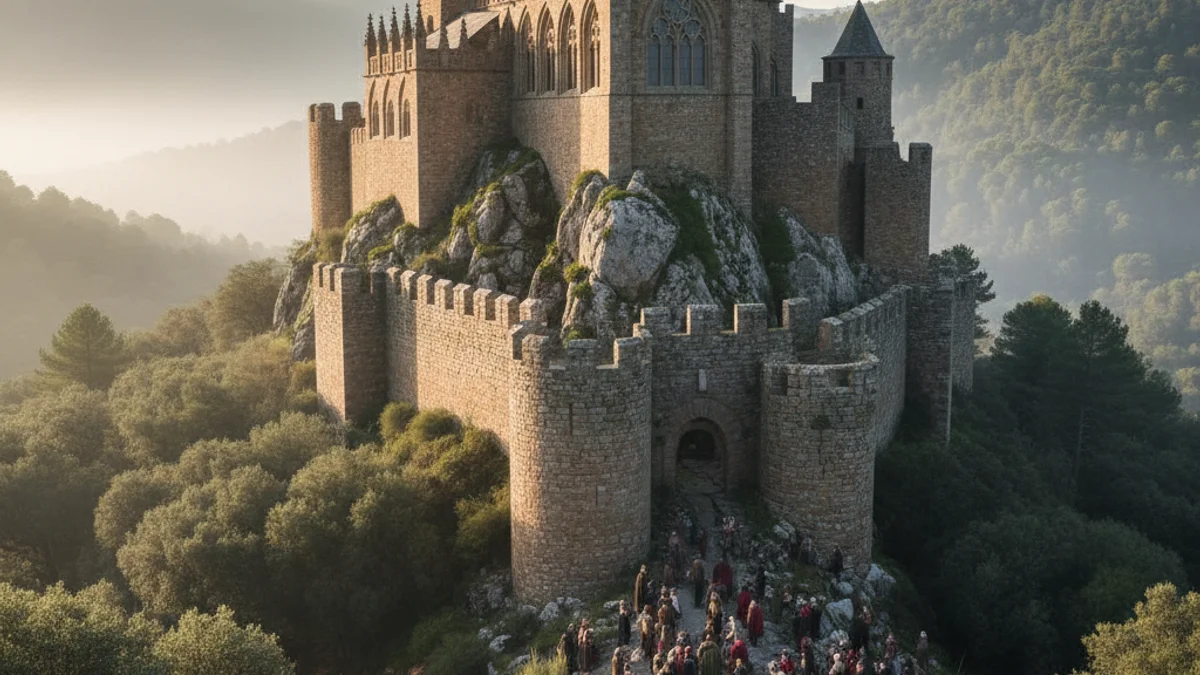 Imagen genérica de la silueta de una fortaleza medieval situada en la cima de una colina rodeada de bosque.