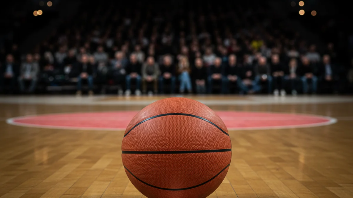 Imatge genèrica d'una pilota de bàsquet sobre el parquet d'un pavelló esportiu.