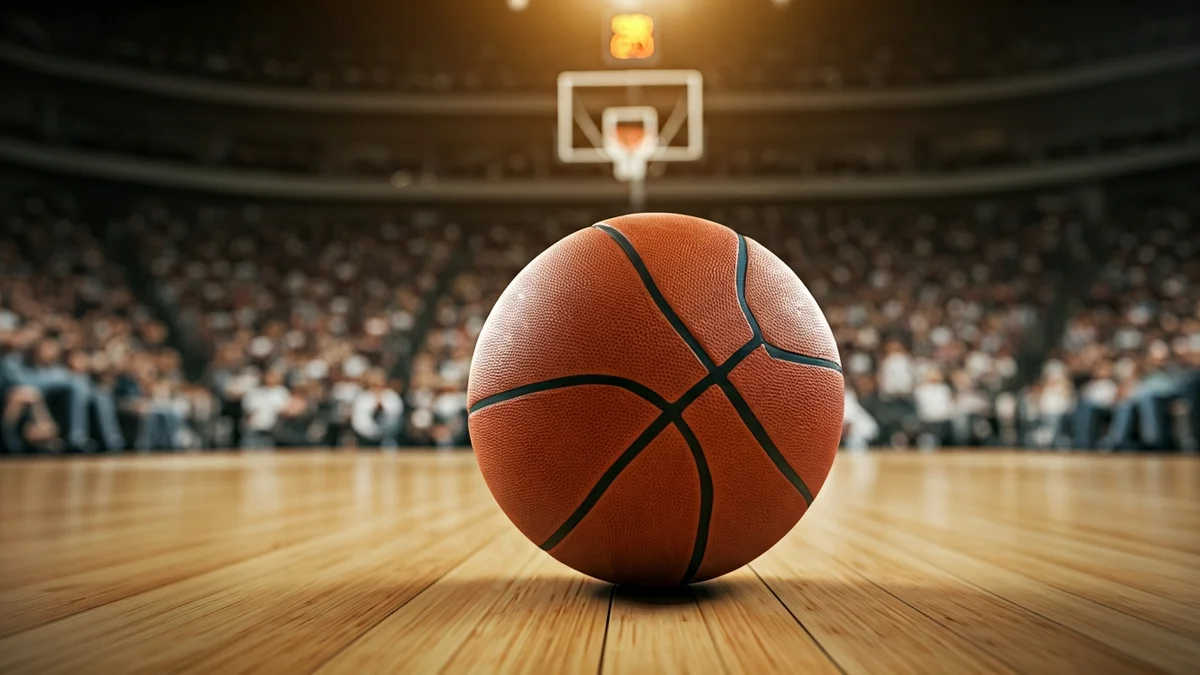 Imagen genérica de un balón de baloncesto en una cancha, con el público difuminado al fondo.