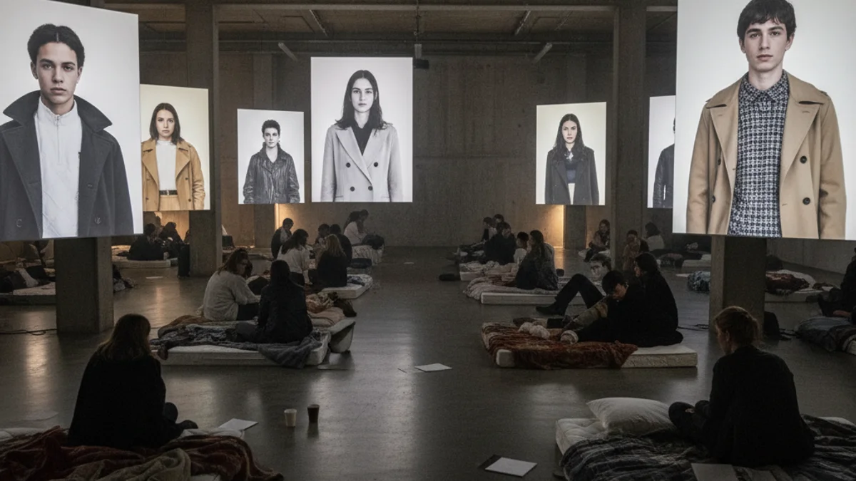 Imatge genèrica d'una sala d'exposicions amb matalassos a terra i retrats de joves a les parets.