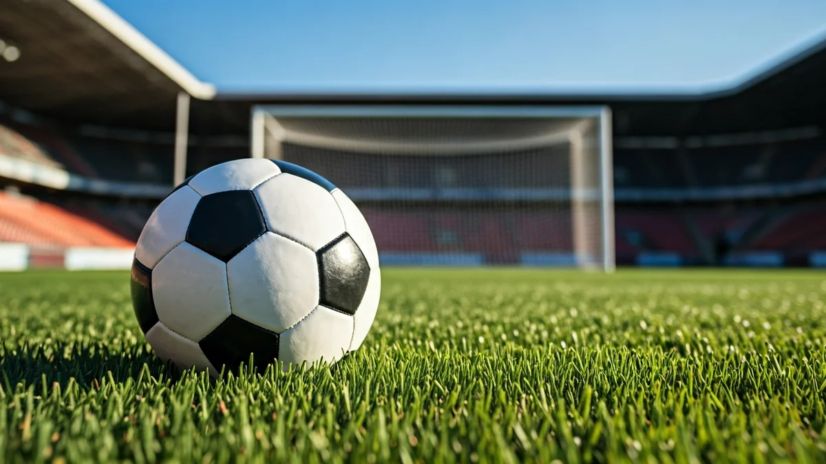 Imatge genèrica d'una pilota de futbol en un camp, amb la porteria al fons.