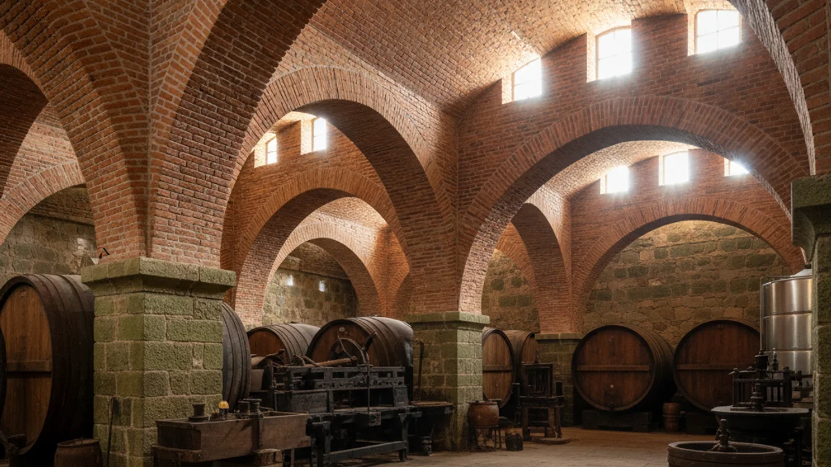 Imatge genèrica de l'interior d'un celler modernista amb arcs de maó vist.