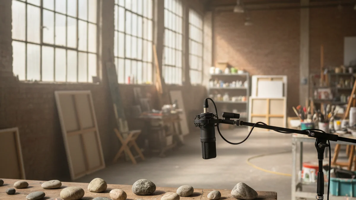 Imagen genérica de un taller artístico con piedras y material de pintura en una nave industrial.