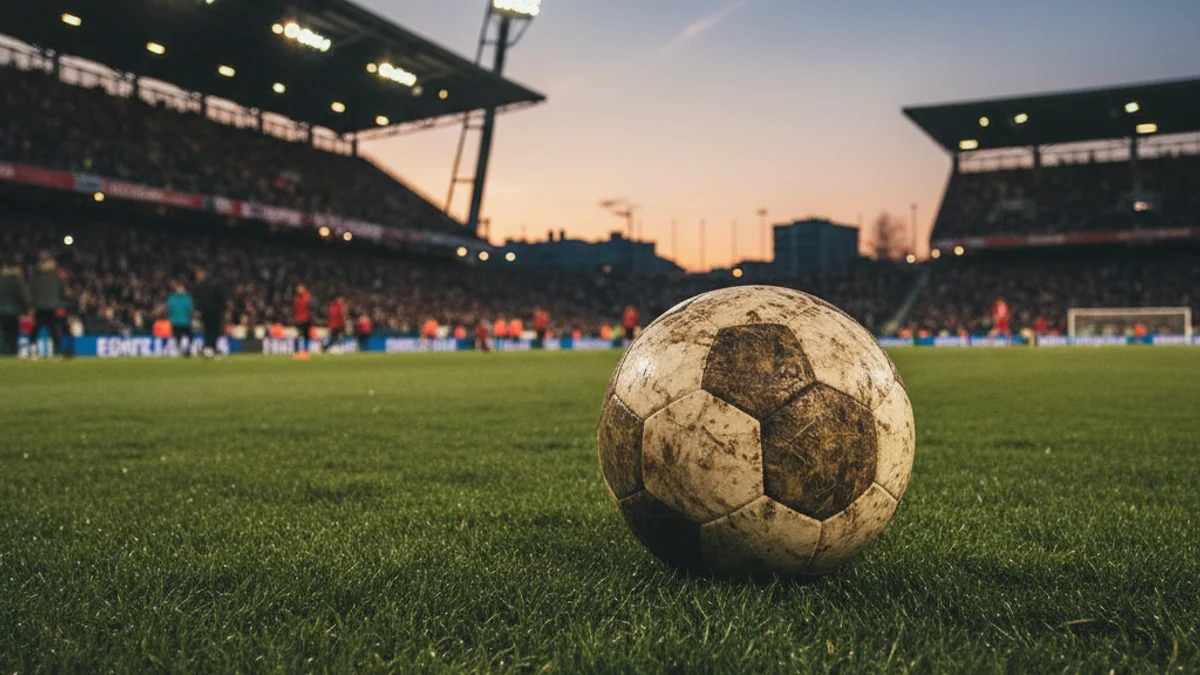 Imatge genèrica d'una pilota de futbol sobre la gespa d'un estadi durant el capvespre.