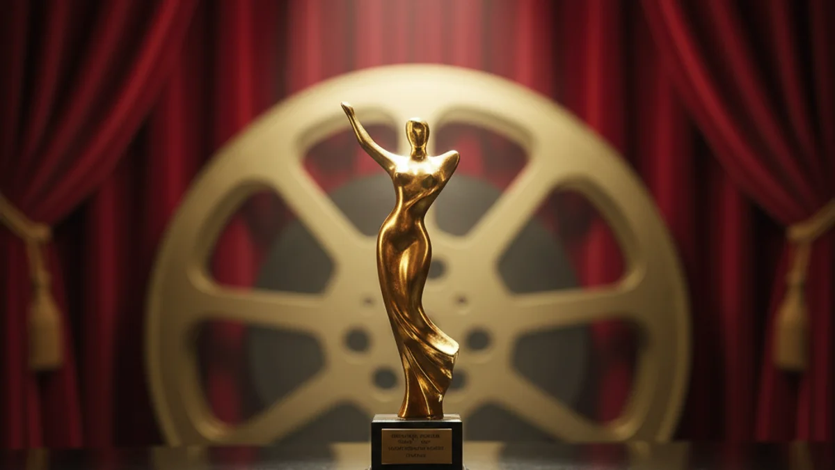 Imagen genérica de un galardón cinematográfico bajo un foco de luz en un entorno oscuro.