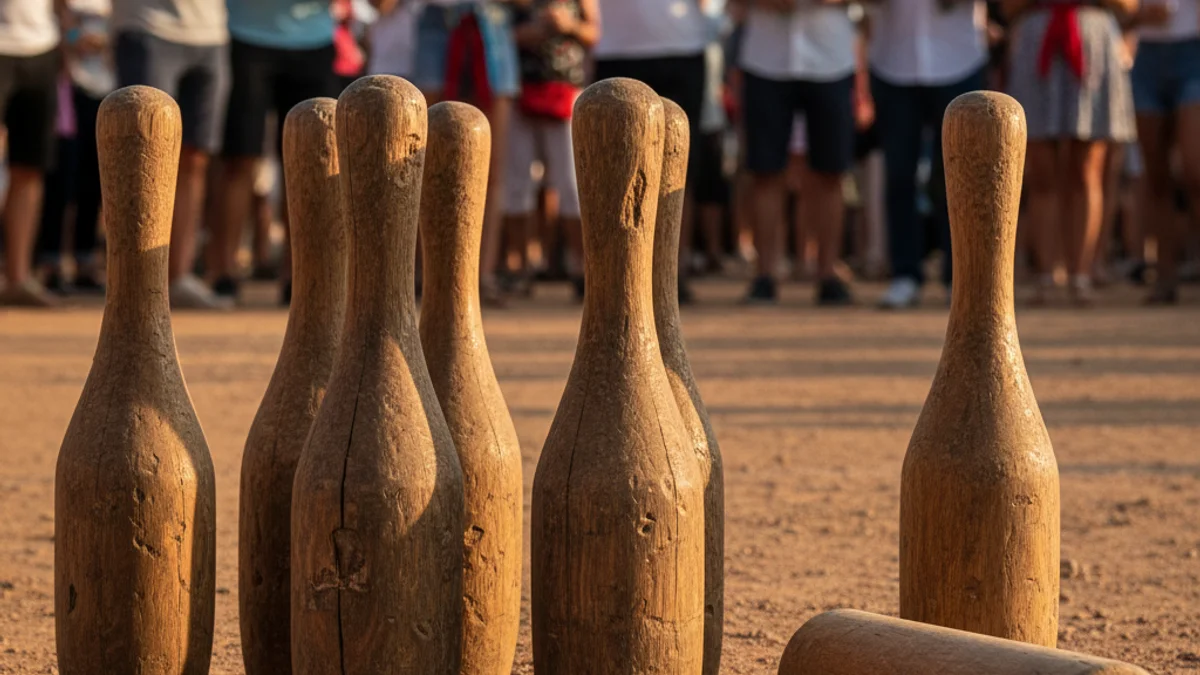 Generic image of traditional Catalan wooden bowling pins on a dirt court.