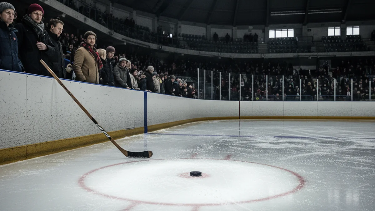 Imatge genèrica d'una pista d'hoquei gel buida sota els focus d'un pavelló esportiu.