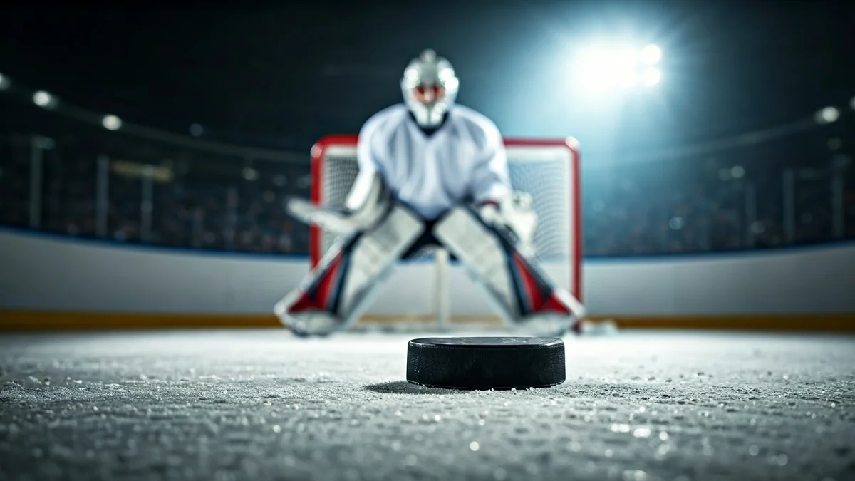 Imatge genèrica d'un disc d'hoquei sobre gel amb un estic i una porteria desenfocats al fons.